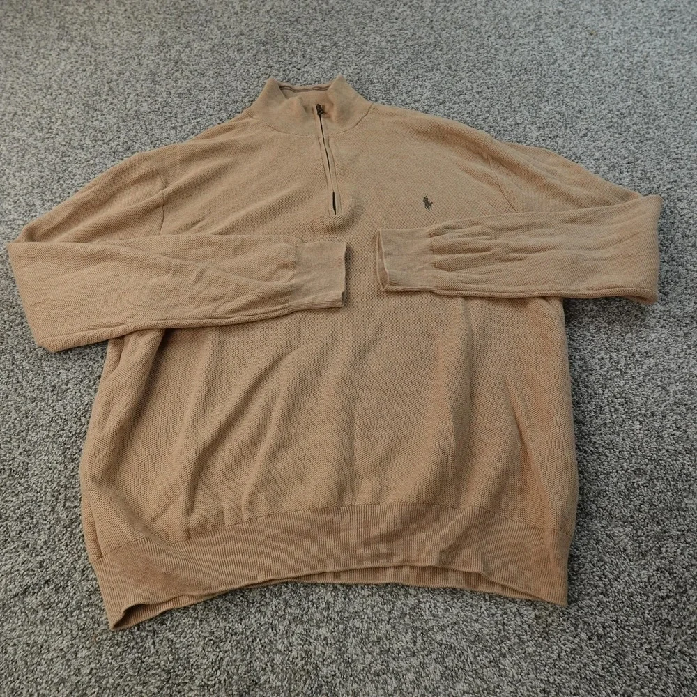 Polo Ralph Lauren Sweater Mens 2XL Beige Pima Pony Waffle Knit‎ 1/4 Zip Pullover